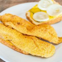 Fish Sandwich · Two lightly breaded pieces of whiting fish fillets, mustard, hot sauce, onions and pickles o...