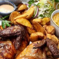 Quarter Chicken ( Breast ) · Peruvian - style rotisserie organic chicken served with fried rustic potatoes, spring salad ...