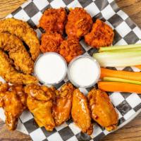 Sampler Trio · 3 chicken strips, 5 boneless wings, 5 traditional wings with ranch and veggies.