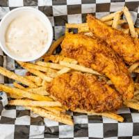 Chicken Tenders · 3 breaded chicken tenders served on a bed of seasoned French fries with side of white gravy.