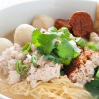 Tom Yum Noodle Soup · Thin rice noodles with minced chicken, bean sprouts, crushed peanuts in spicy lime broth.