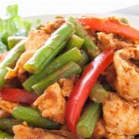 Pad Pik Khing · Green beans and lemongrass leaves in red chili.