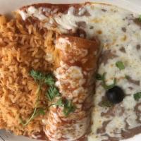 Two Chicken Mole Enchiladas · Served with rice, beans de la olla, and sour cream.