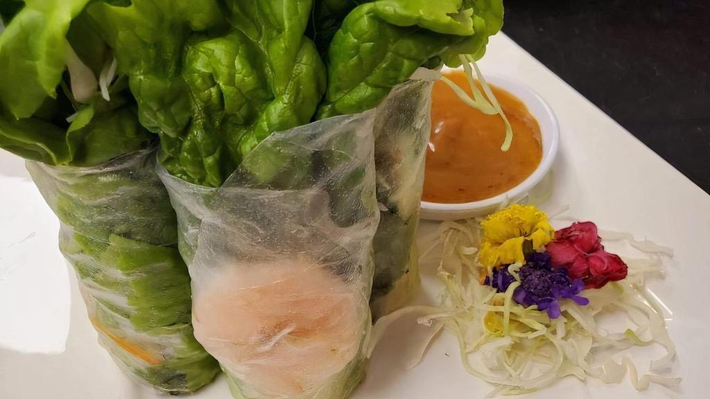 Fresh Spring Rolls Shrimp · Rice Paper wrapped with lettuce, mint, sweet basil, carrot served with sweet peanut sauce