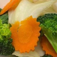 Steamed Veggies · Cabbage, broccoli, carrot, and bok choy.