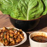 6 Shrimp Lettuce Wraps · Chopped mix of steamed shrimp, onions, and water chestnuts stir fried in a semi-sweet brown ...