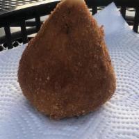 Coxinha · Brazilian croquette filled with seasoned shredded chicken, battered and deep fried.