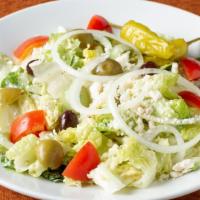 Greek Salad · Mixed greens tossed in our homemade sesame ginger dressing with diced red peppers, shredded ...