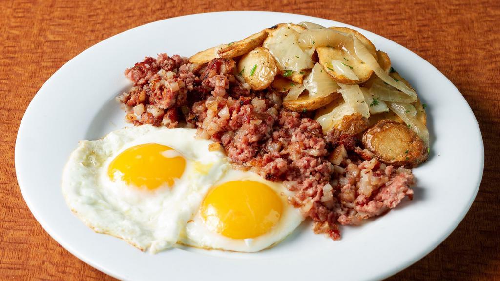 Eggwhat? · Corned beef hash, two eggs any style, served with toast and our Lyonnaise-style potatoes. 

These items can be cooked to order. Consuming raw or undercooked meats, poultry, seafood, pork, or eggs may increase your risk of foodborne illness, especially if you have certain medical conditions.
