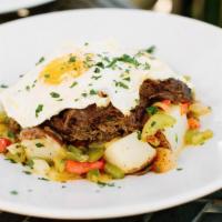 Short Rib Hash · Our six-hour braised angus short rib topped with two eggs and served over a bed of potatoes ...