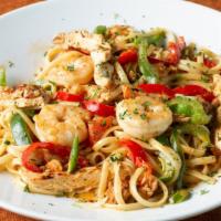 J”Egg”Balaya Pasta · Smothered in creamy Cajun sauce with grilled chicken, red and green peppers, chorizo sausage...