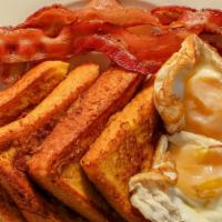 French Toast Platter · Four pieces of French toast, two eggs, and choice of meat.