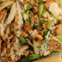 Chicken Caesar Salad · Grilled or fried chicken, romaine lettuce, croutons, and Parmesan cheese.