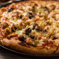 Supreme (X-Large) · Pepperoni, Canadian bacon, sausage, mushrooms, black olives, green olives, green peppers, re...
