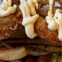The Juan Goldberg (Jg) Sandwich · bed of lettuce,sausage, fried chicken, fries, slaw and fried onions w aioli dressing