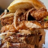 Ziggy · Fried Chicken Breast, Maple Bourbon Sauce, Pulled Smoked Brisket, Cripsy Onions, and Beef Ba...