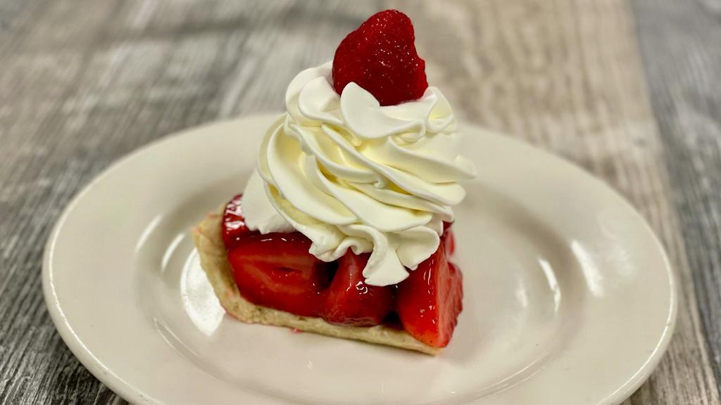 Strawberry Cream Pie · Fresh strawberries tossed in our strawberry glaze and placed
in a cookie-style pie crust. Topped with fresh whipped cream.