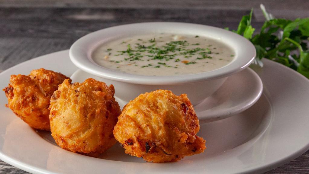 Clam Cakes & Chowder Combo · Award-winning and voted best of Rhode Island! Our award-winning clam chowder served with three cakes.