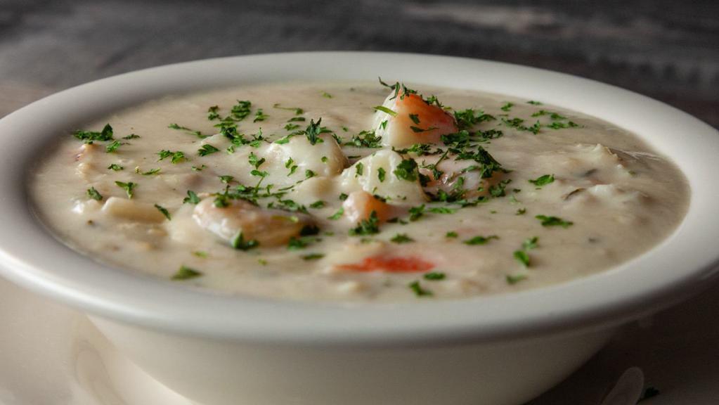 Seafood Chowder · Award-winning and voted best of Rhode Island! Made from scratch and packed with clams, shrimp and crab meat in a sherried cream base.