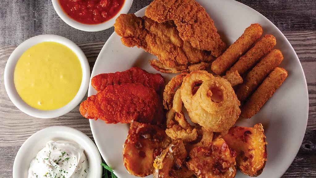 Appetizer Sampler · Great for everyone! A sampler of mozzarella sticks, potato skins, chicken tenders, buffalo tenders, and flour flipped onion rings.
