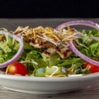 Fresh Grilled Chicken Salad · Fresh mixed greens with red onions, cucumbers, grape tomatoes, and shredded cheddar and Mont...