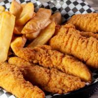 Chicken Finger Basket · Chicken tenders cooked golden brown served with one side and your choice of dipping sauce.