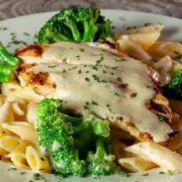 Grilled Chicken & Broccoli Alfredo · Imported penne pasta and fresh broccoli sautéed in alfredo sauce and topped with grilled chi...