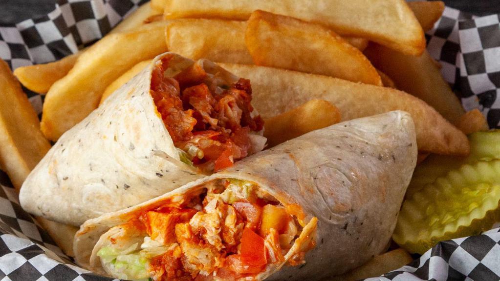 Buffalo Chicken Wrap · Spicy. Our buffalo style chicken wrapped with lettuce, tomato, and bleu cheese dressing.