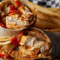 Fire Roasted Chicken Wrap · Blackened chicken breast with roasted red peppers, caramelized onions, mozzarella cheese, an...