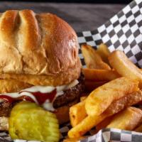 Bourbon St. Burger · 1/2 lb. Angus beef topped with barbecue sauce, swiss cheese, flour flipped onion rings and r...