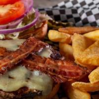 Southwest Burger · 1/2 lb. Angus beef topped with cheddar cheese, jalapeño bacon, lettuce, tomato, onion, and c...