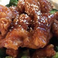 Sesame Chicken · Served with jasmine rice or brown rice.