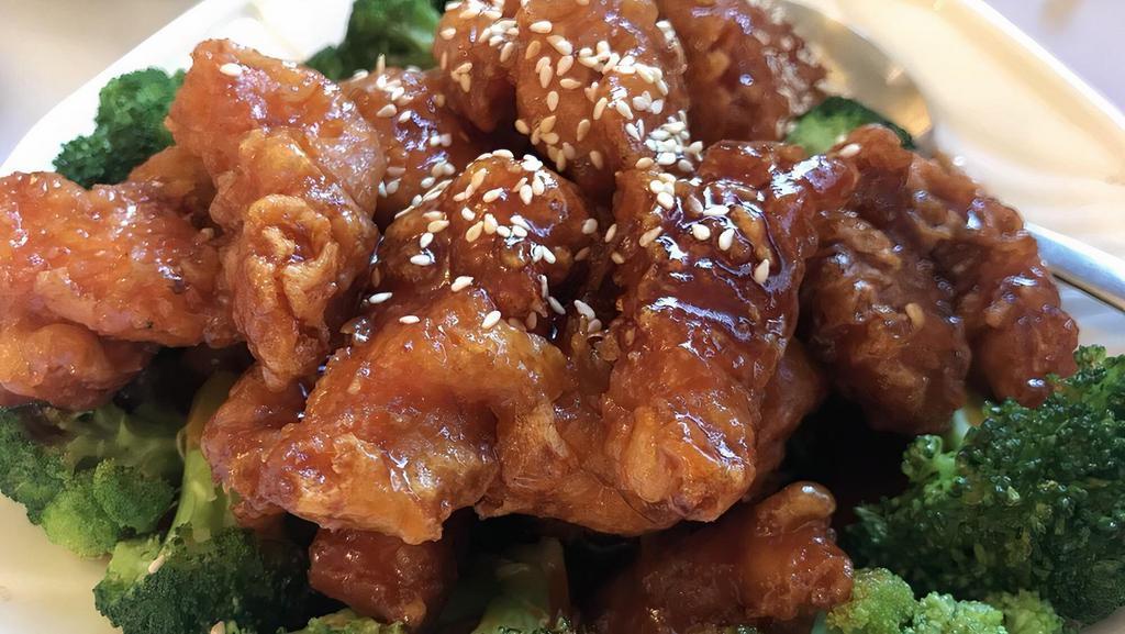 Sesame Chicken · Served with jasmine rice or brown rice.