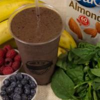 The Antioxidant · 24 oz. of spinach, blueberries, raspberries, banana, berry puree and almond milk.