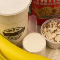 Anna Banana · 24 oz. of banana protein, vanilla yogurt, almond milk, almonds, and cinnamon.