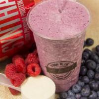 Berry Berry Good · 24 oz. of strawberry protein, almond milk, berry puree, blueberries, and raspberries.