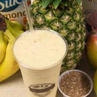 Tropical Paradise · 24 oz. of mango, pineapple, banana, flax seeds, vanilla yogurt, and almond milk.