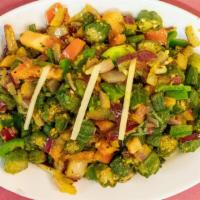 Bhindi · Fresh cut okra sautéed with bell peppers  oriental spices.