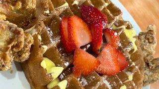 Chicken & Waffles · Four freshly breaded whole wings, sweet cream waffle topped with fresh fruit compote covered...