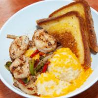 Diablo Shrimp N Grits · 6 blackened shrimp w/ red and green bell peppers and onions on top of a bowl of cheesy chedd...