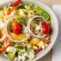 Mediterranean Salad · With mixed leaves, tomatoes, peppers, cucumber, feta cheese, olives, teased with olive oil w...