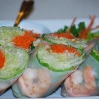 Vietnamese Roll · Fresh rolls wrapped with shredded lettuce, cucumbers, carrots, mint leaves and cooked shrimp...