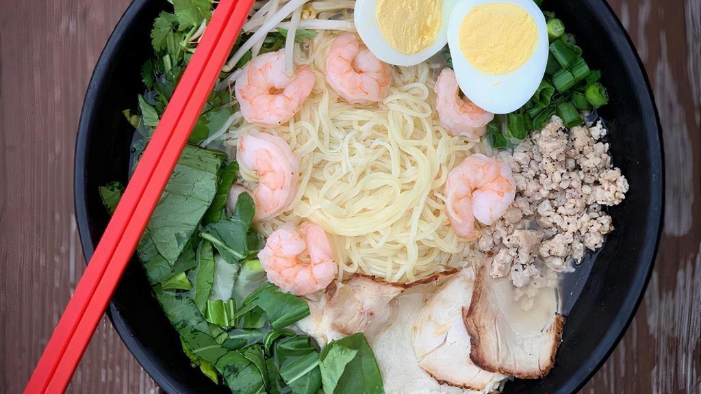 Ramenlicious · Slow cooked sliced pork, shrimp, and ground pork, served in a vegetarian broth with a hard boiled egg, bok choy and other veggies, with egg noodles.