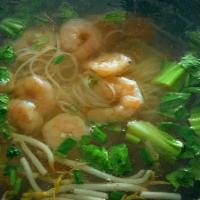 Shrimp Pho · Chicken broth, shrimp, rice noodles. Topped with cilantro, bean sprouts, green onion.