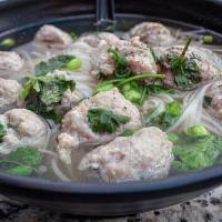 Pho Moc · Pork meatball pho, served in a chicken broth with veggies and rice noodles.