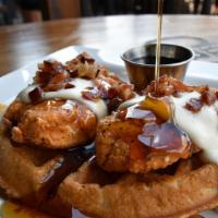 Chicken & Waffles · buttermilk fried chicken, country gravy, waffles, maple syrup, candied bacon crumbles,