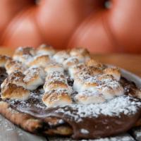 Nutella Flatbread · wood fired flatbread, Nutella, mini marshmallows, powdered sugar