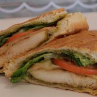 Chicken Pesto Panini · Grilled chicken breast, cheese, lettuce, tomatoes and pesto mayo.