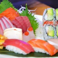 Sushi & Sashimi Combo · Six pieces sashimi, six pieces sushi and eight pieces California roll. Served with soda or m...