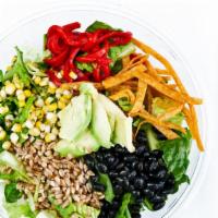 Southwest Salad · Hearts of Romaine, avocado, wild farro grains, corn, black beans, roasted red peppers, baked...